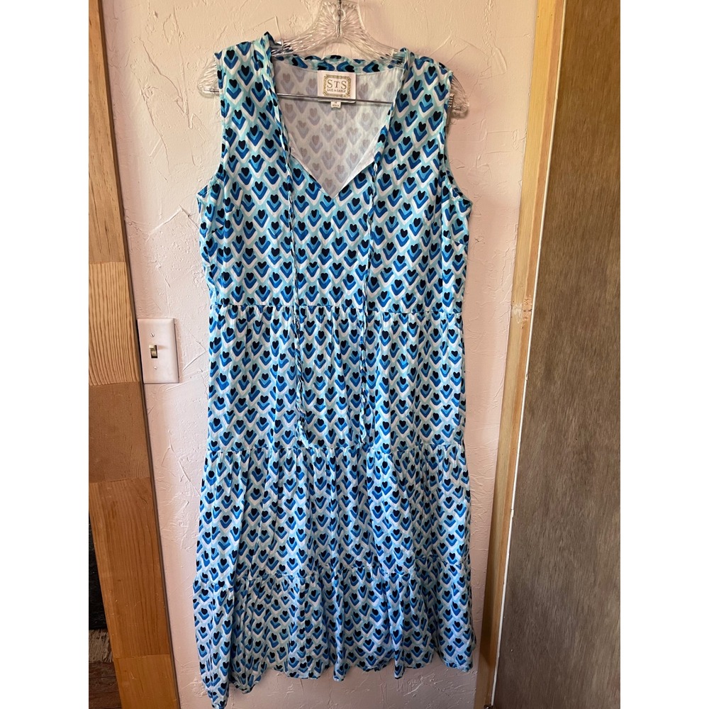 STS Sail to Sable Blue Heart Print Tiered Cotton Maxi Dress Womens Medium V-Neck